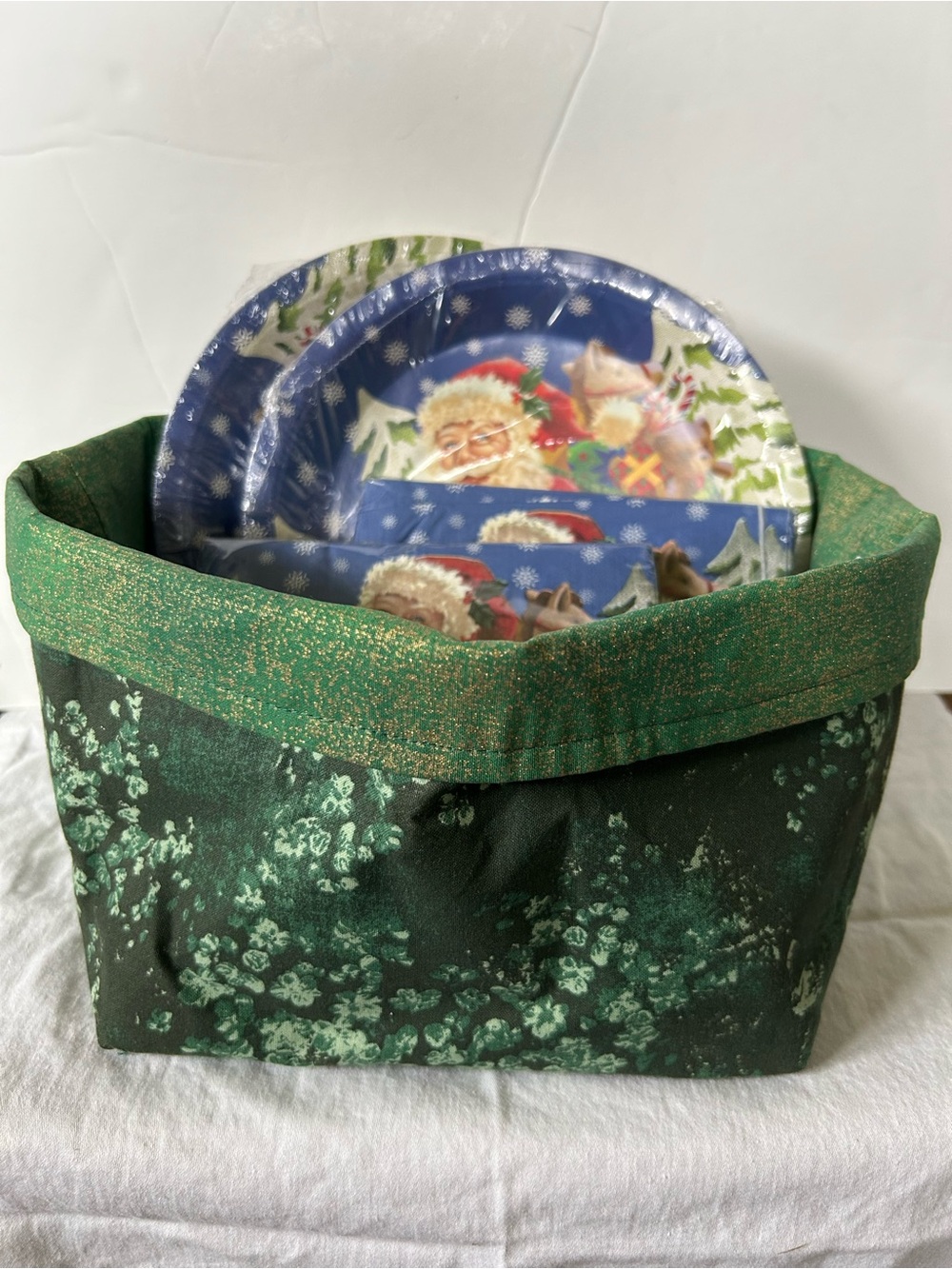 Hand Crafted Floral Green Fabric Basket with plates/napkins